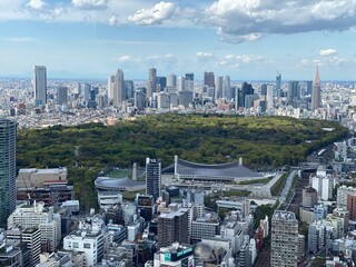 The highrise buildings of Shinjuku, with Yoyogi Park and the Yoyogi National Stadium from the 1964...
