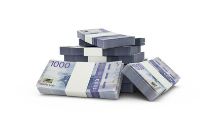 3d rendering of Stack of 1000 Norwegian krone notes. bundles of Norwegian currency notes isolated on white background
