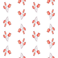 Seamless pattern of hand drawn pink tulips branches on white background. Spring flowers line drawing sketch collection. Vector illustration