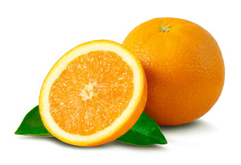 Fresh orange with leaves isolated on white background, healthy food concept.