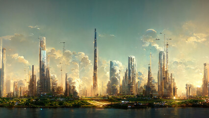 Fototapeta premium Panoramic view of future city skyline. Creative concept illustration of futuristic cityscape: skyscrapers, towers, tall buildings, flying vehicles. Megapolis city panoramic cityscape, sky background