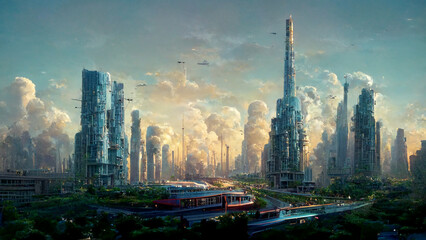 Panoramic view of future city skyline. Creative concept illustration of futuristic cityscape: skyscrapers, towers, tall buildings, flying vehicles. Megapolis city panoramic cityscape, sky background