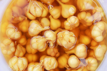Fermented garlic cloves in a jar of honey, a rich source of probiotics, Selective focus. Pickled garlic in jar.Tasty pickled garlic .