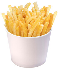 French fries in paper bucket isolated on white background, French fries on white With png file.