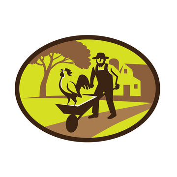 Amish Farmer Rooster Wheelbarrow Farm Oval Retro
