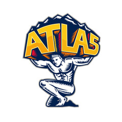 Atlas Lifting Mountain Kneeling Woodcut