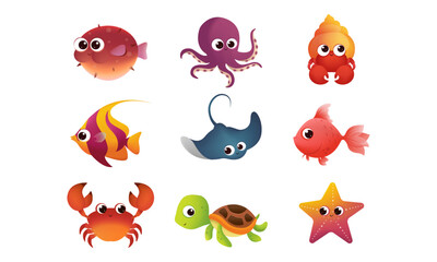 cute sea life animals. set of marine animals in cartoon style