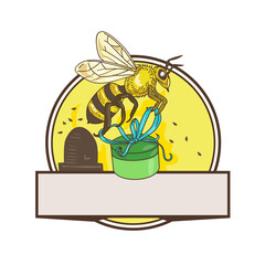 Bee Carrying Gift Box Skep Circle Drawing