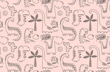 seamless pattern with hand drawn dinosaurs in scandinavian style. 