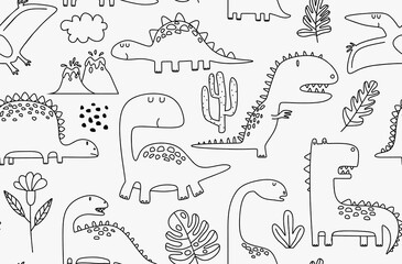 seamless pattern with hand drawn dinosaurs in scandinavian style. 