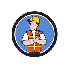Builder Carpenter Folded Arms Hammer Circle Cartoon