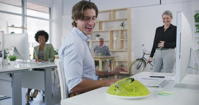 Funny company culture, office joke for April fools day prank and business team wellness. Working at desks in corporate, coworking work environment with executive agency professional happy staff.