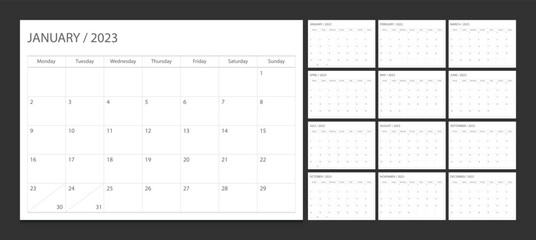 Calendar 2023 week start Monday corporate design planner template. - obrazy, fototapety, plakaty