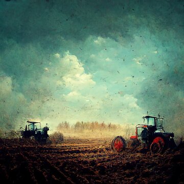 3D Illustration of a Tractor standing on the farm during the working time and the white clouds