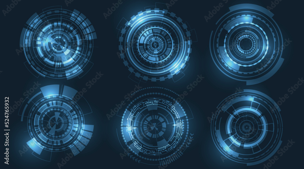 Poster Circle technology icon set.Futuristic hud interface concept.Sci fi gaming hologram circle, digital tech energy element.