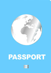  a blue passport with the word passport and a silver globe sign , on a transparent background, realistic minimalistic illustration vector