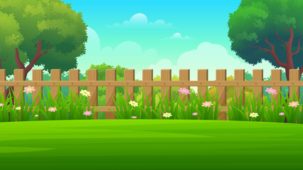 Beautiful village country house Backyard with wooden fence, green lawn and trees vector illustration