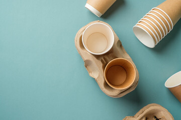 Eco friendly,take away disposable cup kraft paper and tray on green background.food packaging