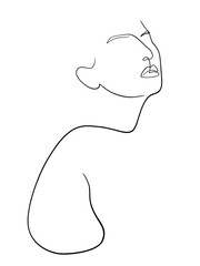 A portrait of a woman is drawn in a oneline art style. Body and facial expression. Printable art.