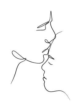 One line drawing of a couple kissing on forehead. Romantic expression. Hand drawn printable Art.