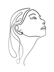 A portrait of a woman is drawn in a oneline art style. Body and facial expression. Printable art.