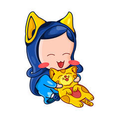 illustration of cute Muslim girl playing with the cat