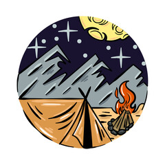 Camp on the Mountain Hand Drawn Illustration
