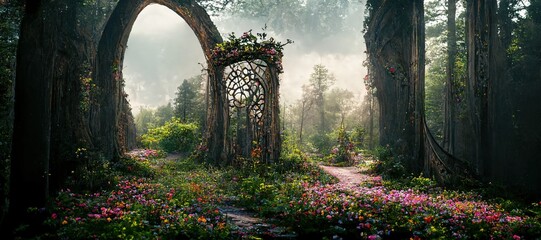 Fototapeta premium Spectacular archway covered with vine in the middle of fantasy fairy tale forest landscape, misty on spring time. Digital art 3D illustration.