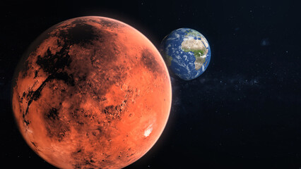 3D Render Close Up Mars Red Planet And Show Up Earth World Planet On Galaxy Space 3D Illustration