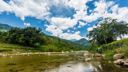 Fototapeta na wymiar The mountains and river at Kiriwong village, Nakorn Sri Thammarat., Thailand Asia