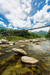 The mountains river and wooden bridge at Kiriwong village, Nakorn Sri Thammarat., Thailand Asia