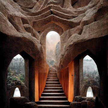 3D Illustration Of Brownstone Stairs Inside The Cave With The Pillar And The Window