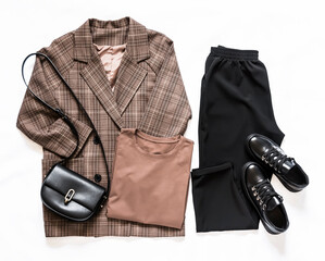 Women's office fashionable comfortable clothes - plaid jacket, t-shirt, trousers, sneakers and...