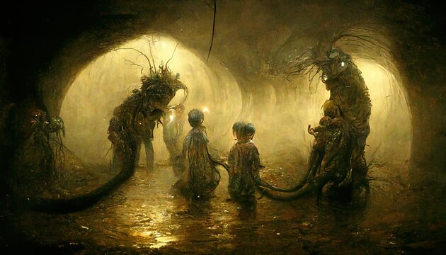 3D Illustration of a Kids with the monster in the dark and dirty sewer with the brown wall