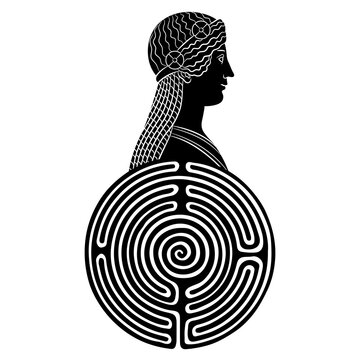 recommend clip art: Antique woman or goddess on top of a round spiral maze or labyrinth symbol. Ariadne. Isis from Pompeii. Creative concept. Black and white silhouette.