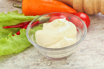 Organic mayonnaise sauce in the bowl