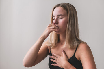 Sports fit home.Girl goes sports, fitness, yoga, meditative breathing practices.Meditation,...