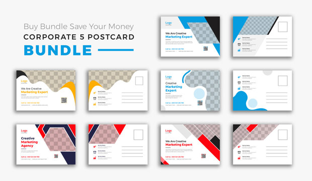 Corporate business postcard template design set with blue, yellow, red, and green colors. digital marketing agency postcard, business marketing postcard set, vector illustration