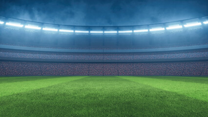 Fototapeta premium 3D Rendering of soccer sport stadium during night match, green grass with crowd of audiences wearing red shirts and bright led spot lights. For sport news background 