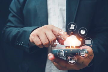 Cloud Computer technology and storage online for computer, Big data analytics and business intelligence concept with chart interface and a businessman in background. Cloud technology. Data storage.