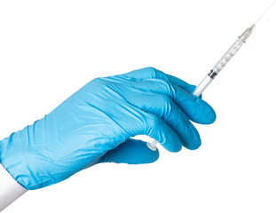 Hand wearing blue glove holding syringe.