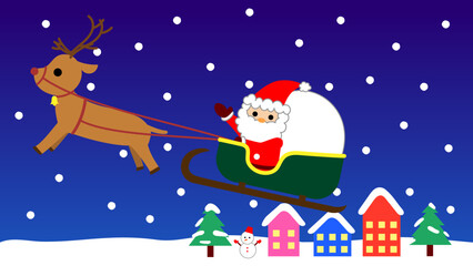 トナカイが引くそりに乗るサンタクロースと雪が舞う夜の街