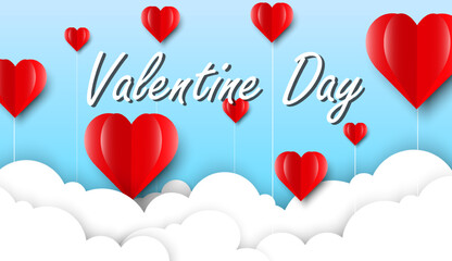 Valentines in paper cut style and vector design on blue background Valentine's Day is written with red hearts and white clouds as if floating.