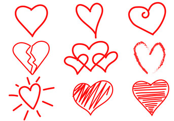 Set icon heart hand drawn style with white background. There are different shapes. Suitable for use in artwork as a vector illustration.