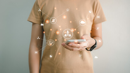 Concept global data connection with internet technology, user using smartphone for online transactions by internet technology, big data, database management, cloud computing, cashless society.