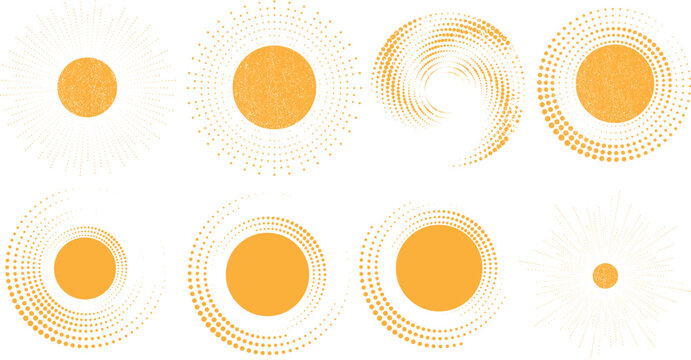 Grunge halftone dots in Circle Form . Spiral Vector Illustration .Textured round Logo . Design element . Abstract Geometric circular shapes .Rotating grunge radial line. Concentric circles