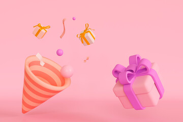 3d gift box caramel color and popper with flying gift and confetti on caramel background. Happy Birthday, Anniversary, Christmas, Valentine's, ads, promotion 3d rendering illustration