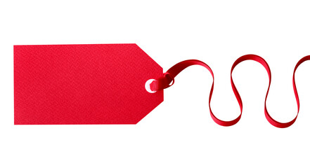 Red gift tag with ribbon plain blank straight isolated transparent background photo PNG file
