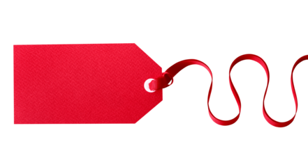 Red gift tag with ribbon plain blank straight isolated transparent background photo PNG file