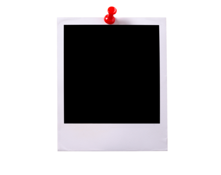 Polaroid style photo frame with pushpin isolated transparent background PNG file